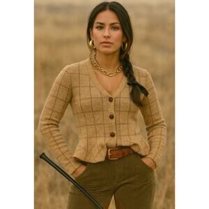 Vintage Ralph Lauren Lambswool Peplum Cardigan Camel Plaid Medium Knit Sweater